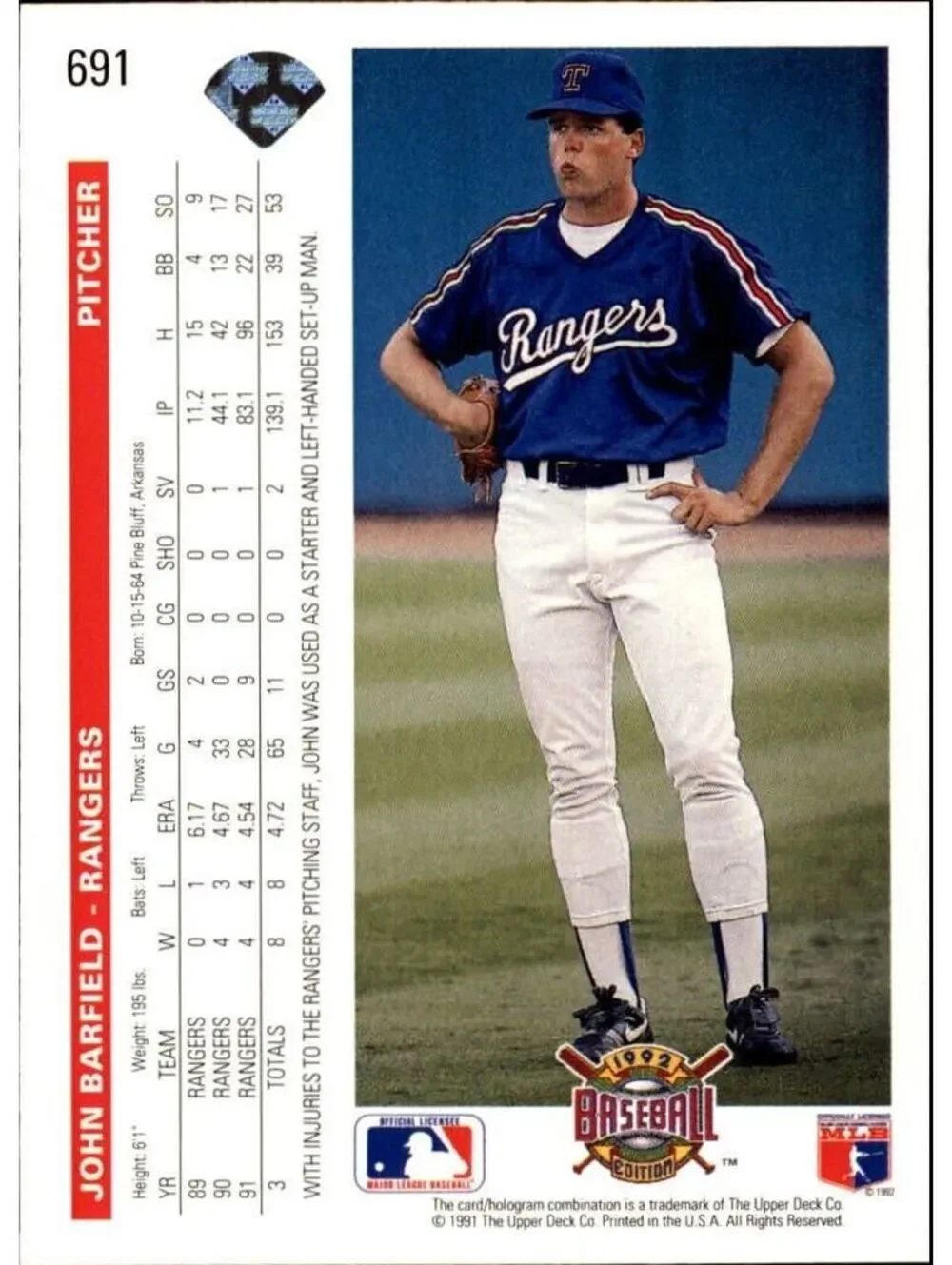 John Barfield 1992 Upper Deck MLB #691 Baseball Card Texas Rangers